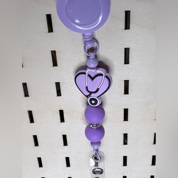 Handcrafted purple nurse theme beaded badge reel - Picture 2 of 5